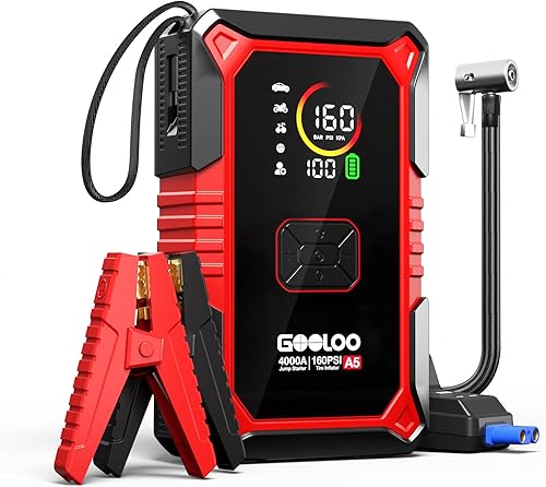 GOOLOO Arrancador de salto A5 con compresor de aire, batería de coche de 4000 A (todo gasolina10.0L diesel) con inflador de neumáticos de 160 PSI