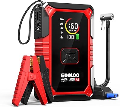 GOOLOO A5 Jump Starter with Air Compressor, 4000A Car Battery Jump Starter All Gas/10.0L Diesel with 160PSI Tire Inflator Auto-Off, 45W PD Fast Charging, 12V Jump Box Car Jumper Starter Portable