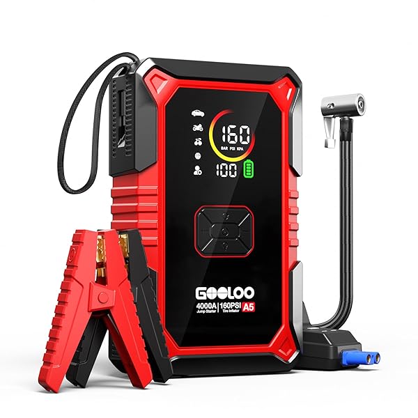 GOOLOO A5 Jump Starter with Air Compressor, 4000A Car Battery Jump Starter (All Gas/10.0L Diesel) with 160PSI Tire Inflator Auto-Off, 45W Output Power Bank, 12V Jump Box Car Jumper Starter Portable