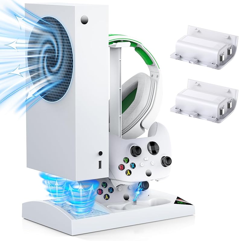 YUANHOT Soporte de cargador de ventilador de refrigeración para consola y controlador Xbox Series S | Base de carga para controlador dual, sistema de refrigeración para accesorios Xbox Series S, soporte para auriculares, batería recargable, blanco