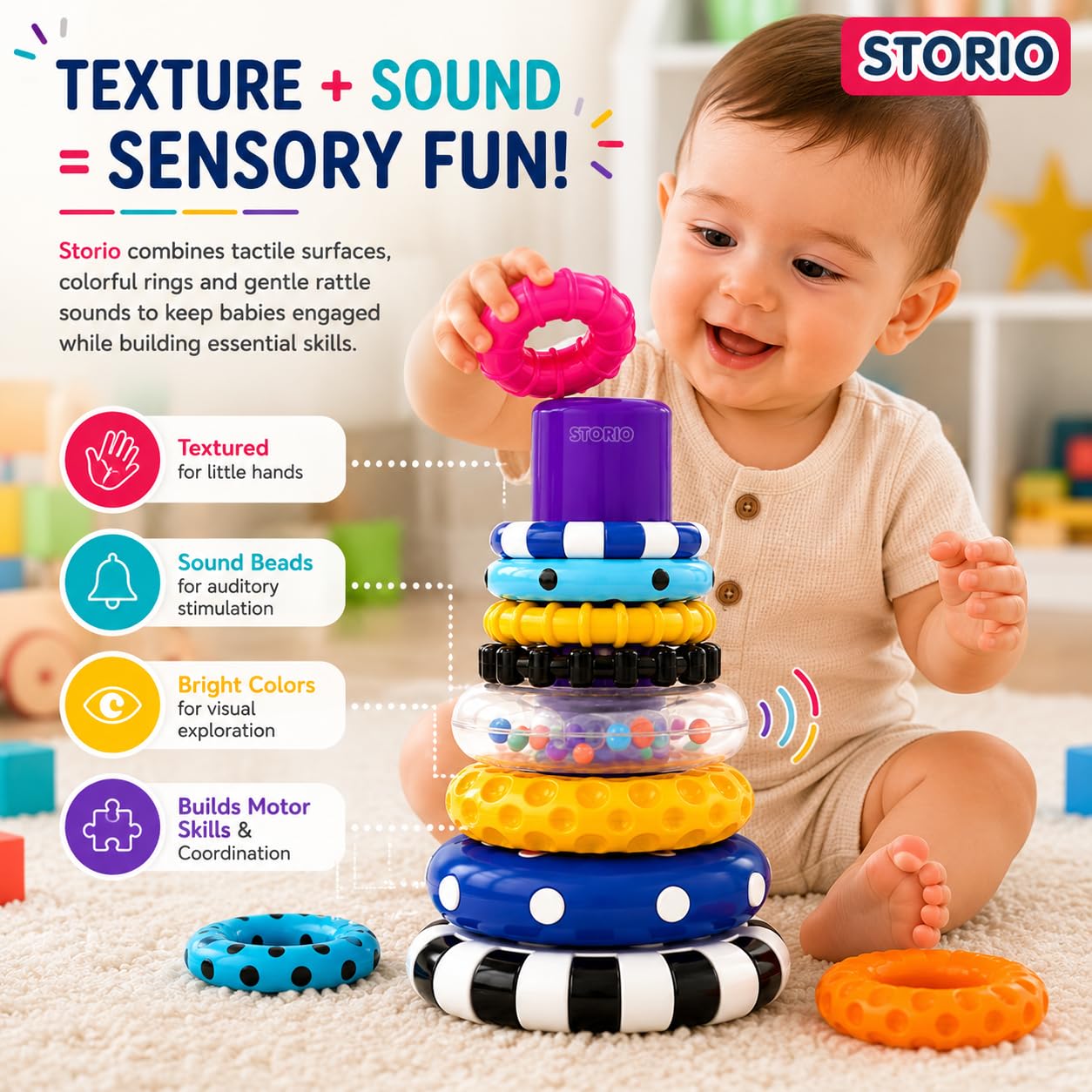 Storio Stacks of Circles Stacking Ring Toy for Babies 6+ Months | 9-Piece Multi-Color STEM Learning | Educational Baby Toy for Fine Motor Skills | Textured Rings with Sound Beads | Montessori Learning — Amazon image 4