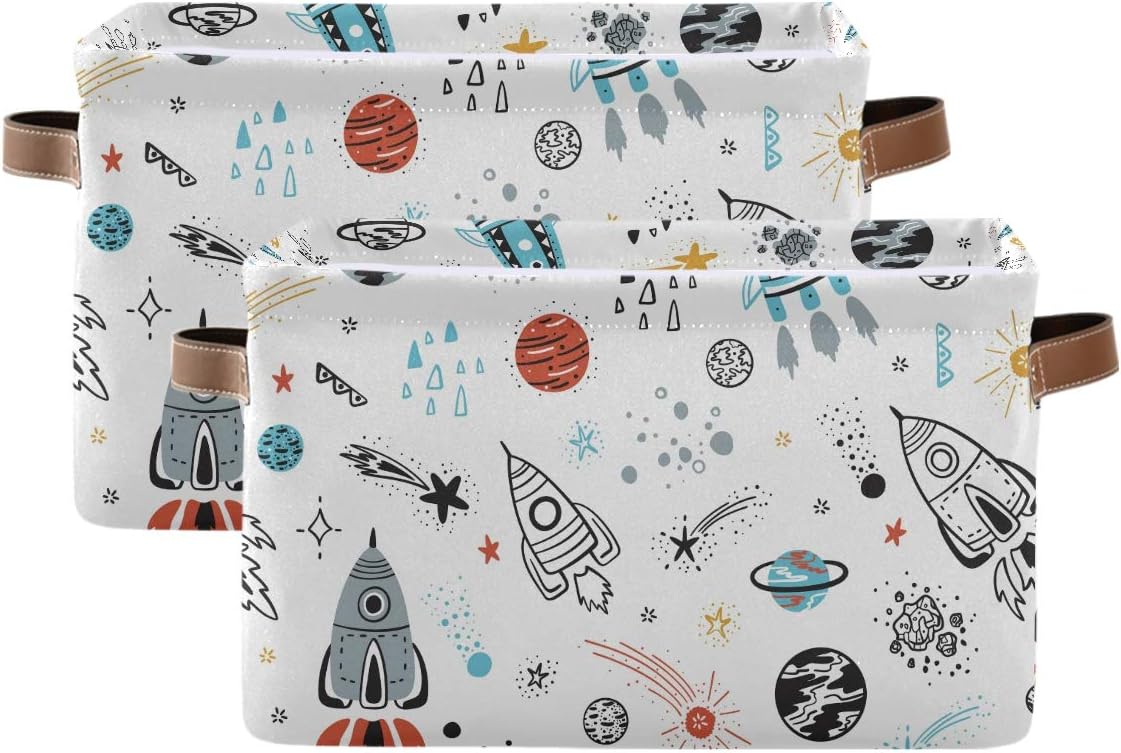 Storage Basket Cube Large Collapsible Toys Storage Box Bin Laundry Organizer for Closet Shelf Nursery Kids Bedroom,15x11x9.5 in (2 pack, Space Rocket Planet)