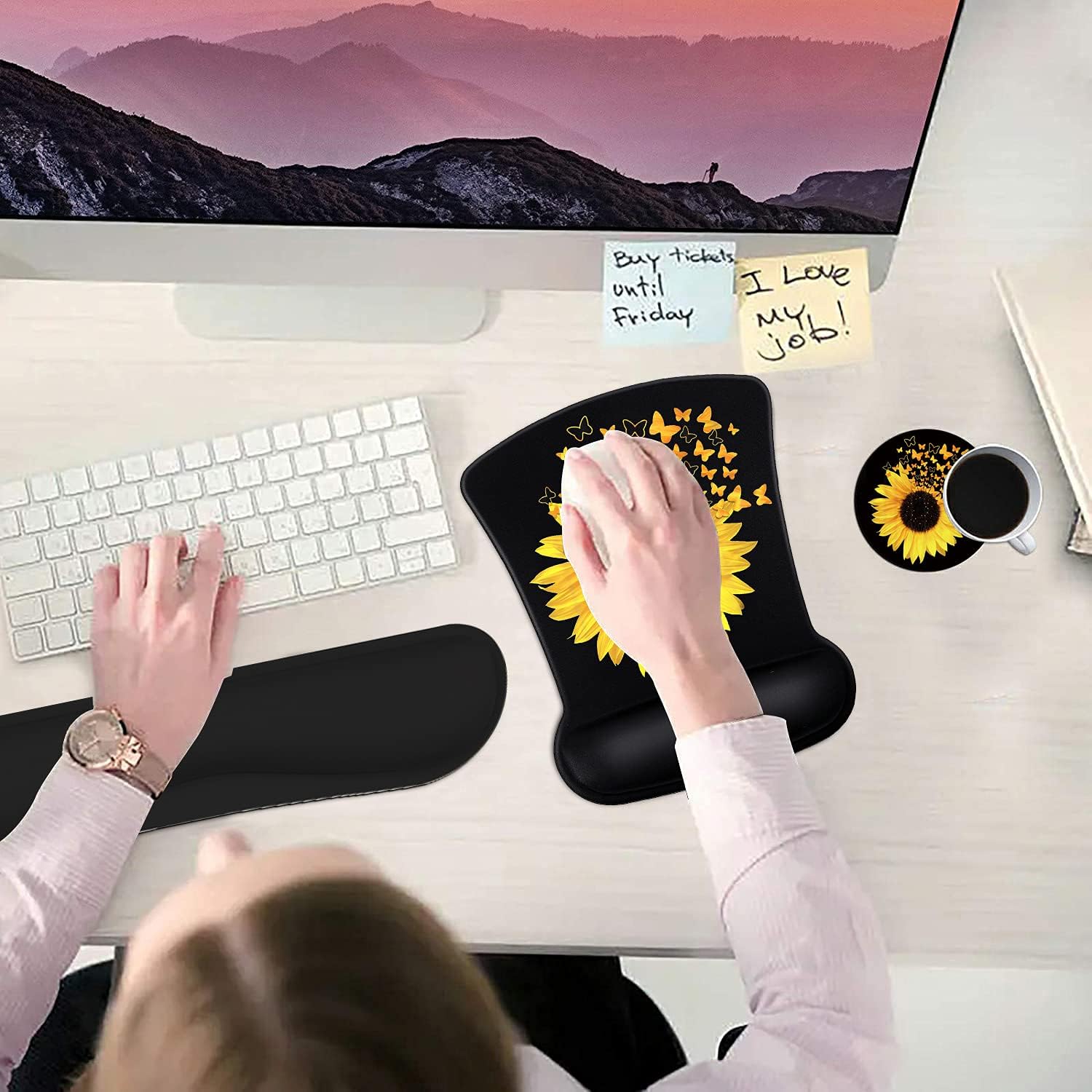 Ergonomic Mouse Pad Wrist Support Gel and Keyboard Wrist Rest Set Sunflowers and Butterflies in Bloom Design for Laptop, Mac, Gaming and Office, Durable, Comfortable and Pain Relief + Coaster