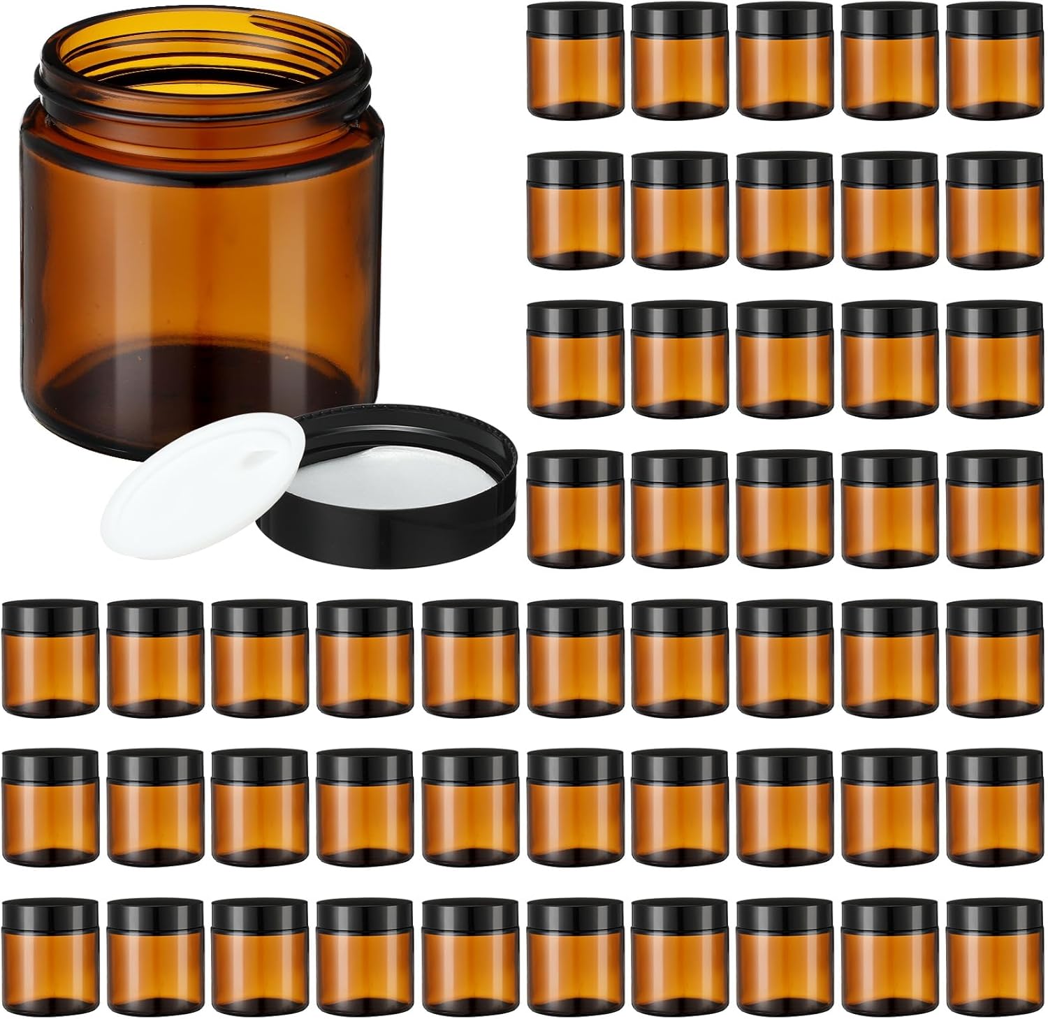 50 Pcs 4 oz Amber Glass Jars with Black Lids Leakproof Round Airtight Jars Empty Cosmetic Jars with Inner Liners Lid for Candle Making Storing Lotions Spice Powder Liquid Sample Makeup (Black,Amber)