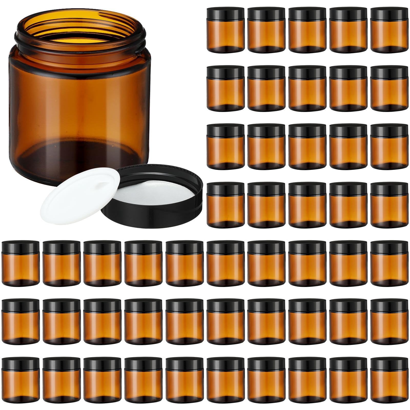 50 Pcs 2 oz Amber Glass Jars with Black Lids Leakproof Round Airtight Jars Empty Cosmetic Jars with Inner Liners Lid for Candle Making Storing Lotions
