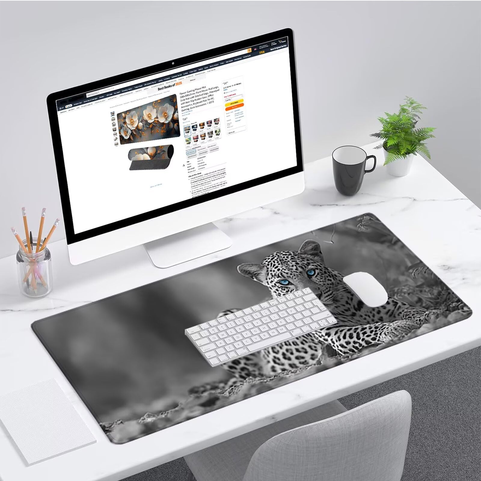 Podkładka pod mysz do gier dla zwierząt, podkładka pod mysz w kształcie lamparta 1000 x 500 x 3 mm, XXL podkładka pod mysz ze zszytymi krawędziami, akcesoria biurkowe, mata na biurko z antypoślizgową