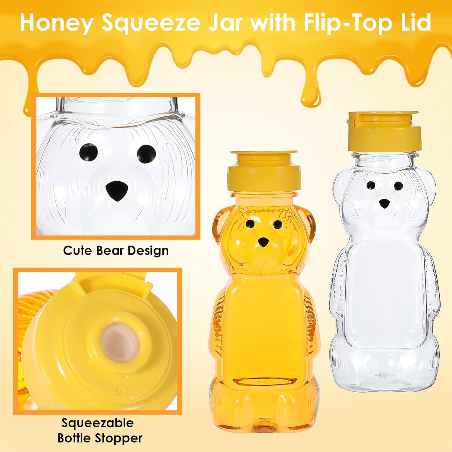 2 Pcs Honey Bear Bottle Plastic Honey Squeeze Bottle Transparent Honeybear Squeeze Jars with Yellow Flip Lid Cute Empty Container for Christmas Party Syrup Sauce Juice Storing and Dispensing