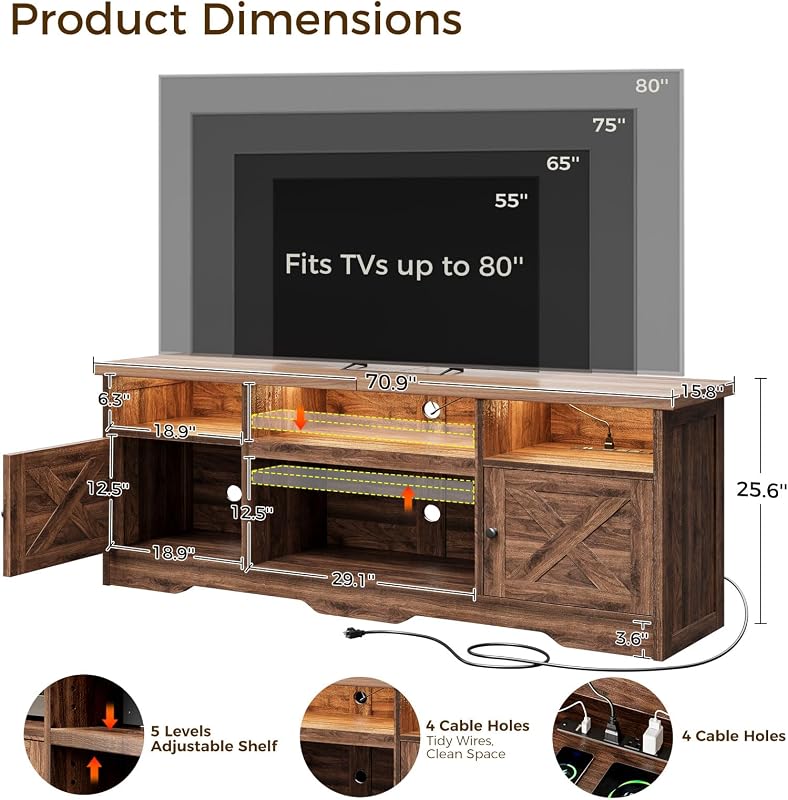 Casaottima TV Stand for 75+ Inch TV, Entertainment Center, Walnut image 3