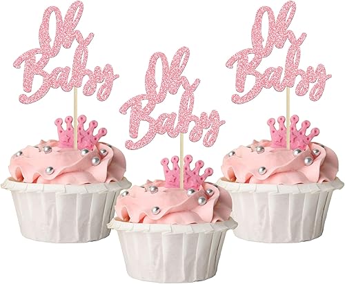 Miniatura 1 de 24 piezas Oh Baby Cupcake Toppers con purpurina para baby shower, para revelación de género, baby shower, niños y niñas, fiesta de cumpleaños,