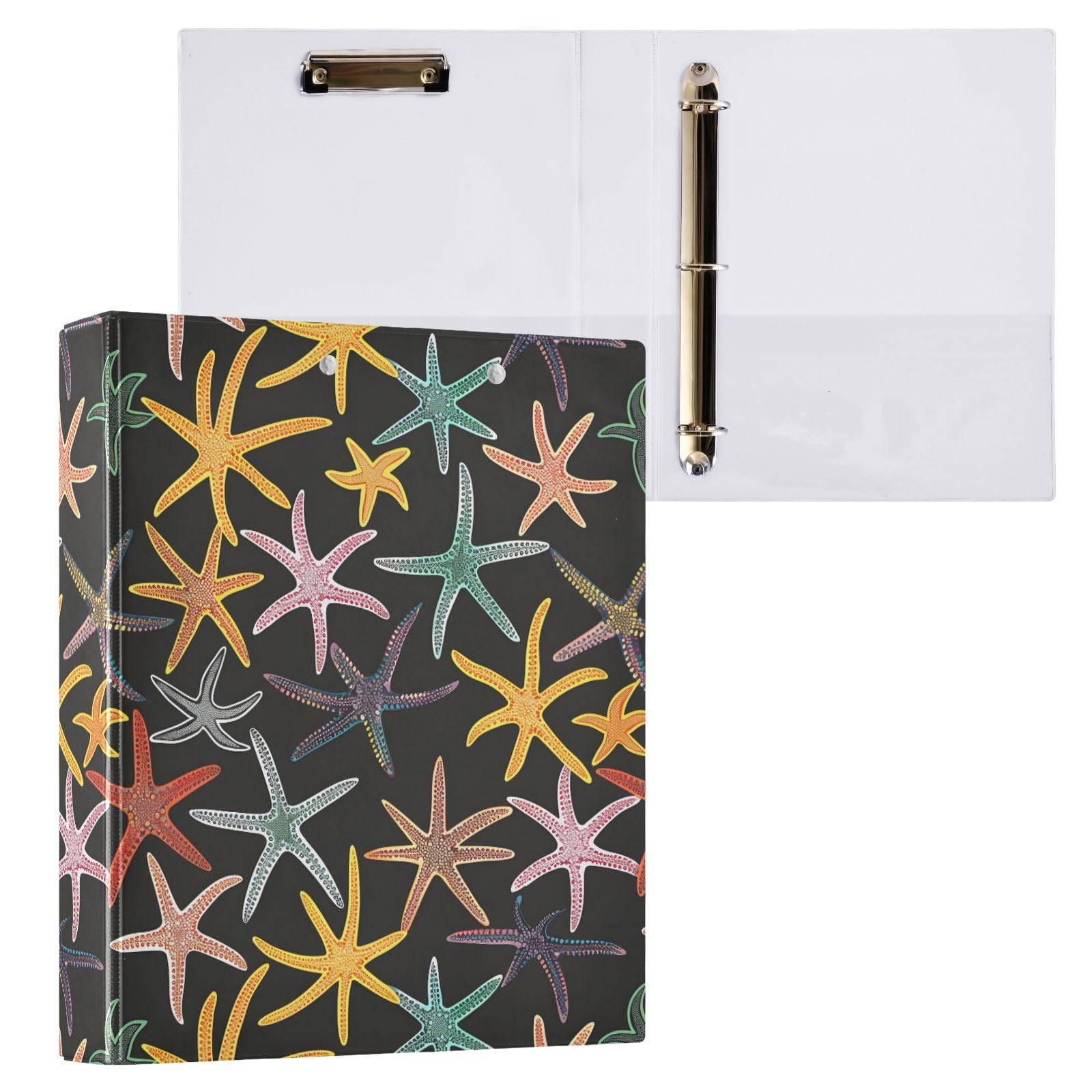 Raccoglitore a 3 anelli con stampa a stella marina colorata, 3,8 cm, contiene 200 fogli con 3 tasche interne trasparenti in PVC per scuola e ufficio