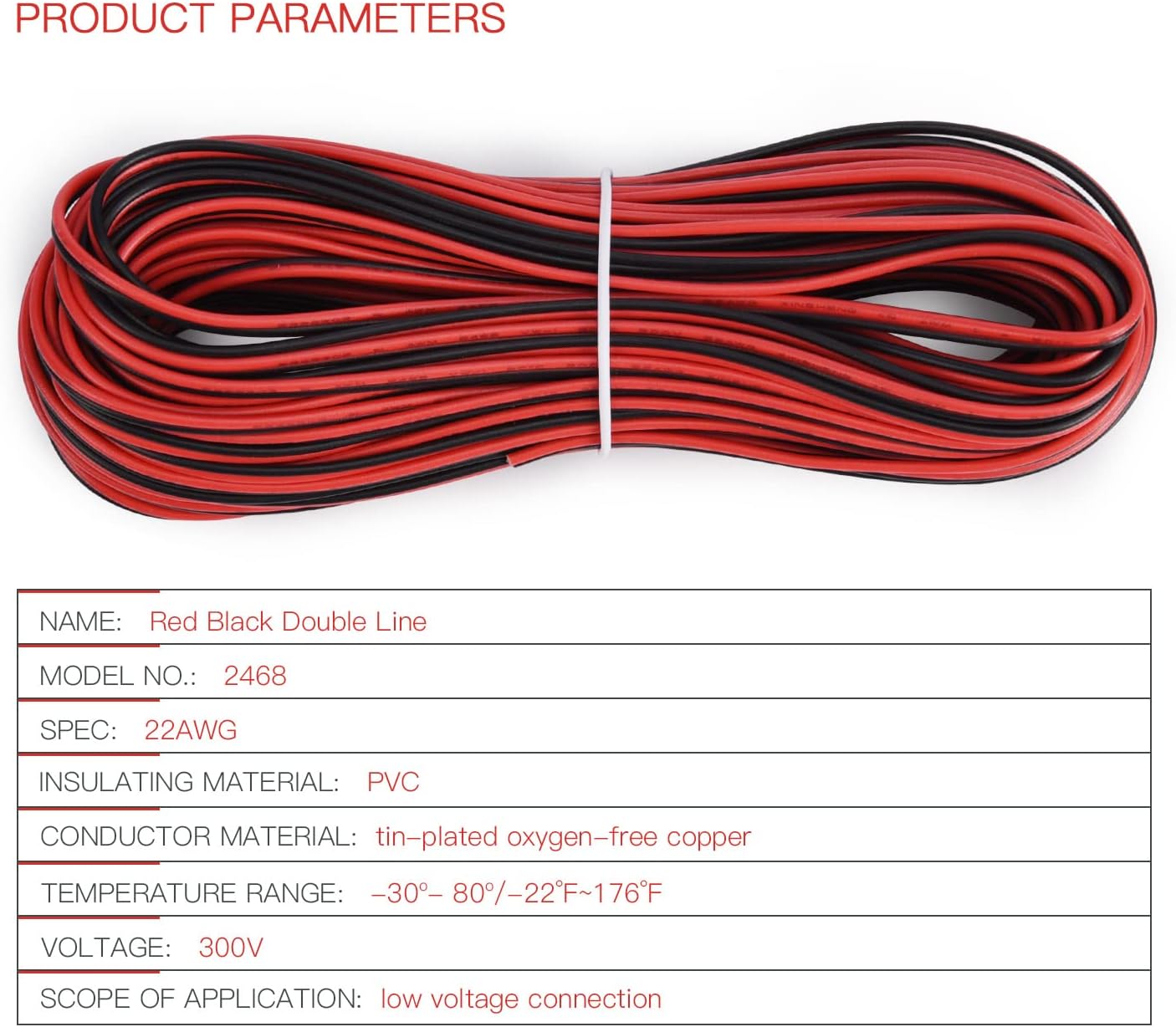 65.6ft Extension Cable Wire Cord JACKYLED 20M 22AWG Led Wire Cord for Single Color LED Strips 22/2 Low Voltage Extension, Black and Red, Led Light, Speaker, Doorbell, Electrical System Connection