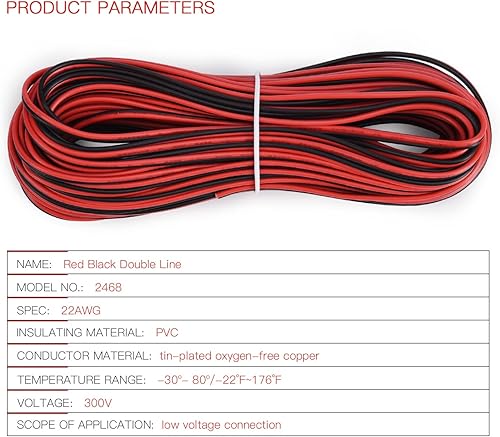 Miniatura 8 de Cable de extensión de 65.6 pies JACKYLED 20M 22AWG Cable de alambre LED para tiras LED de un solo color 222 de bajo voltaje, negro y rojo, luz LED,