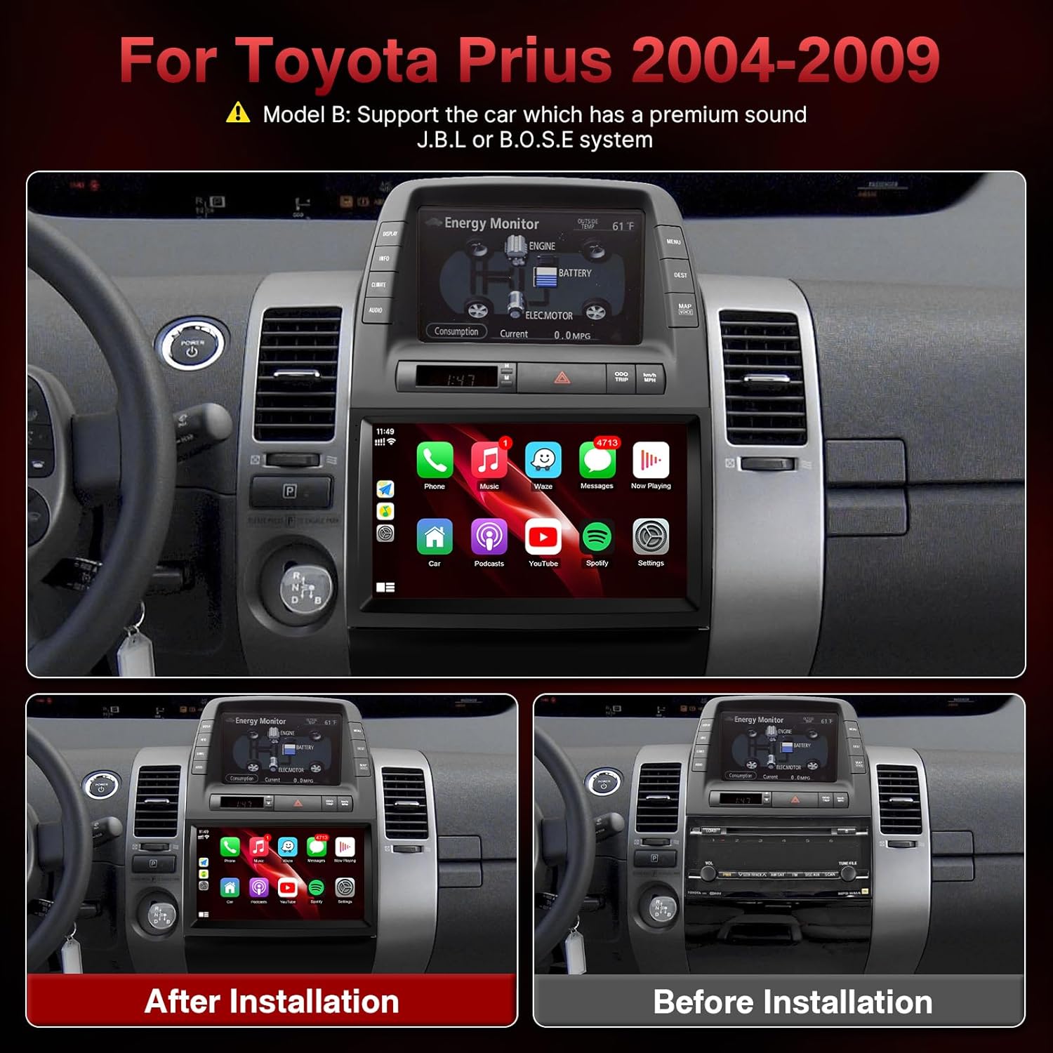 for Toyota Prius 2004 2005 2006 2007 2008 2009 Radio with Wireless Carplay Android Auto - 9inch Touch Screen Car Stereo with in-Dash GPS WiFi Bluetooth FM SWC + Canbus + Backup Camera + MIC - J.B.L