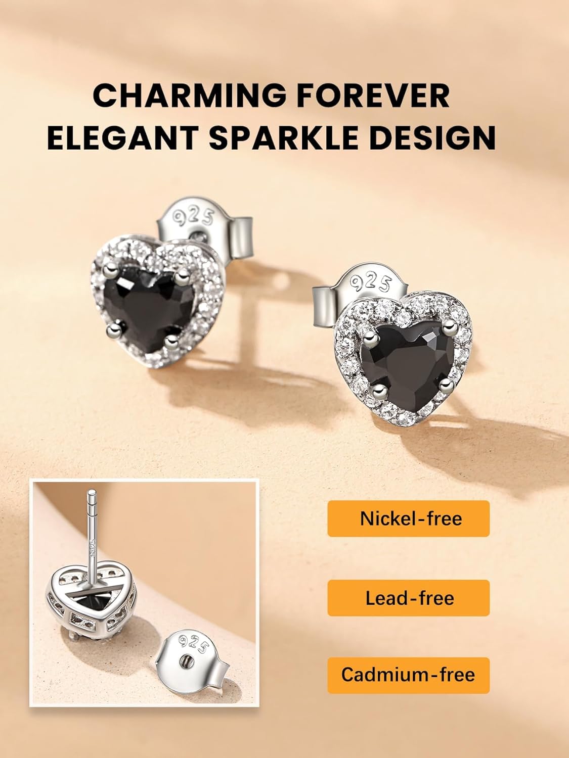 Bestyle Sparkling 925 Sterling Silver Birthstone Stud Earrings for Women, Heart/Round/Teardrop/Square Solitaire Diamond Studs Earrings, Great Birthday/Christmas Gifts - Image 6