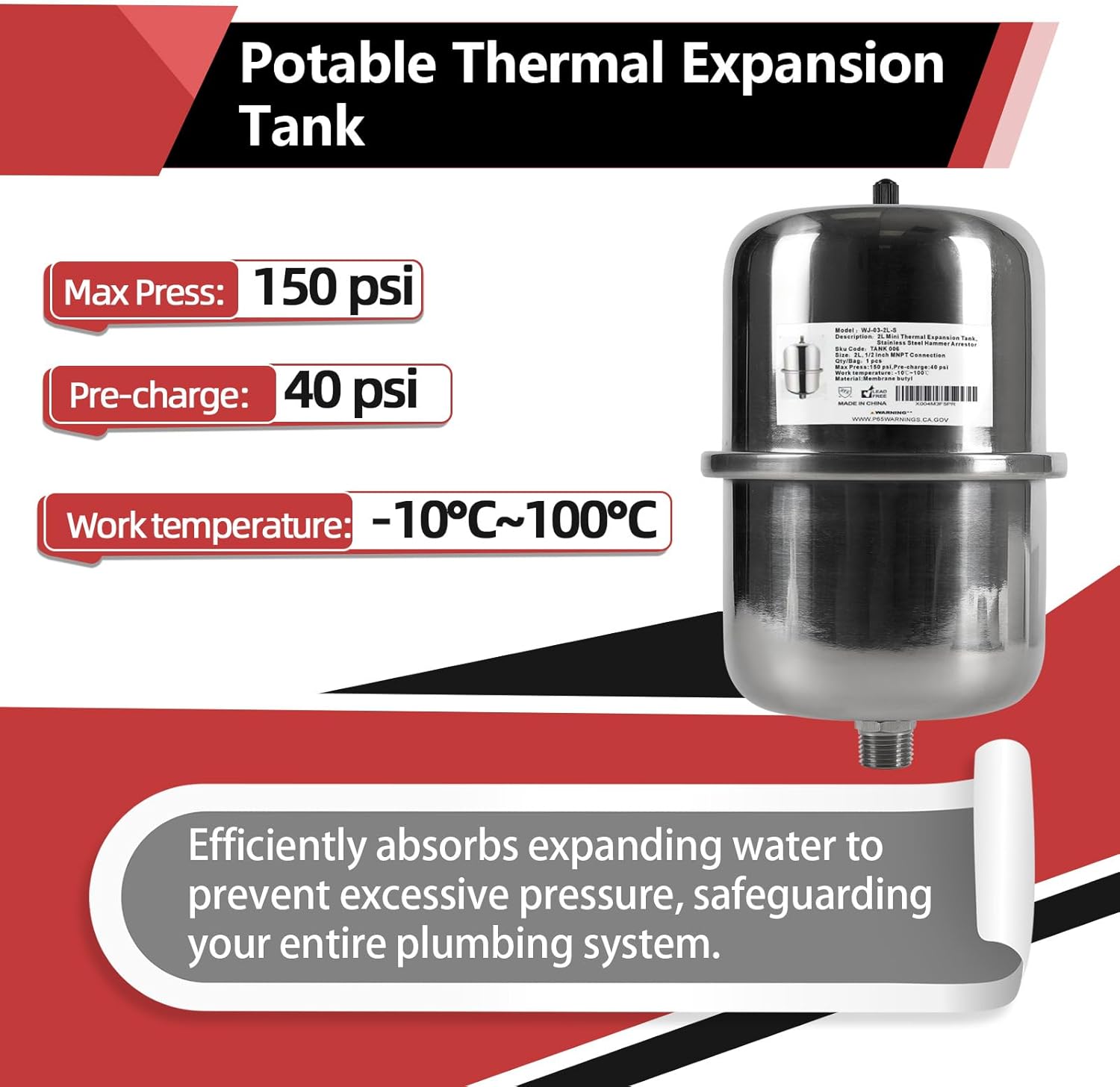 EFIELD Stainless Steel Expansion Tank (2 L), Hammer Arrestor with 1/2 Inch Threaded For Tankless Water Heater, Water Dispensing/Beverage Appliances (TANK006)