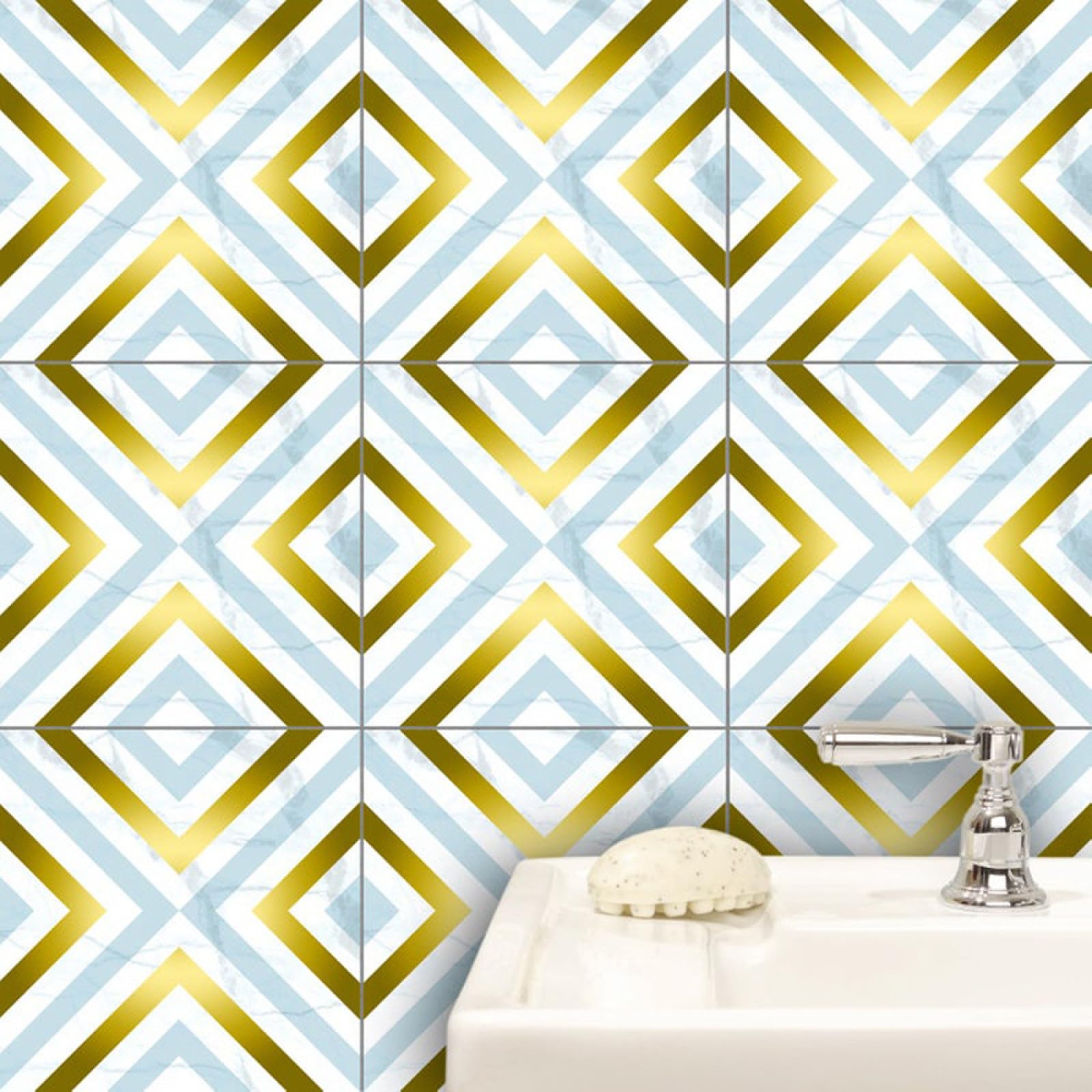 Piastrelle Adesive Cucina Modello Blu Dorato Pavimento pvc Adesivo Mobili Decorazioni Piastrelle Adesive Bagno Impermeabile Resistenza all'olio Mattonelle Adesive
