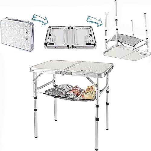 Miniatura 10 de Mesa plegable pequeña de 2 pies, mesa de campamento portátil con soportes de malla, altura ajustable de aluminio ligero, con asa de transporte para