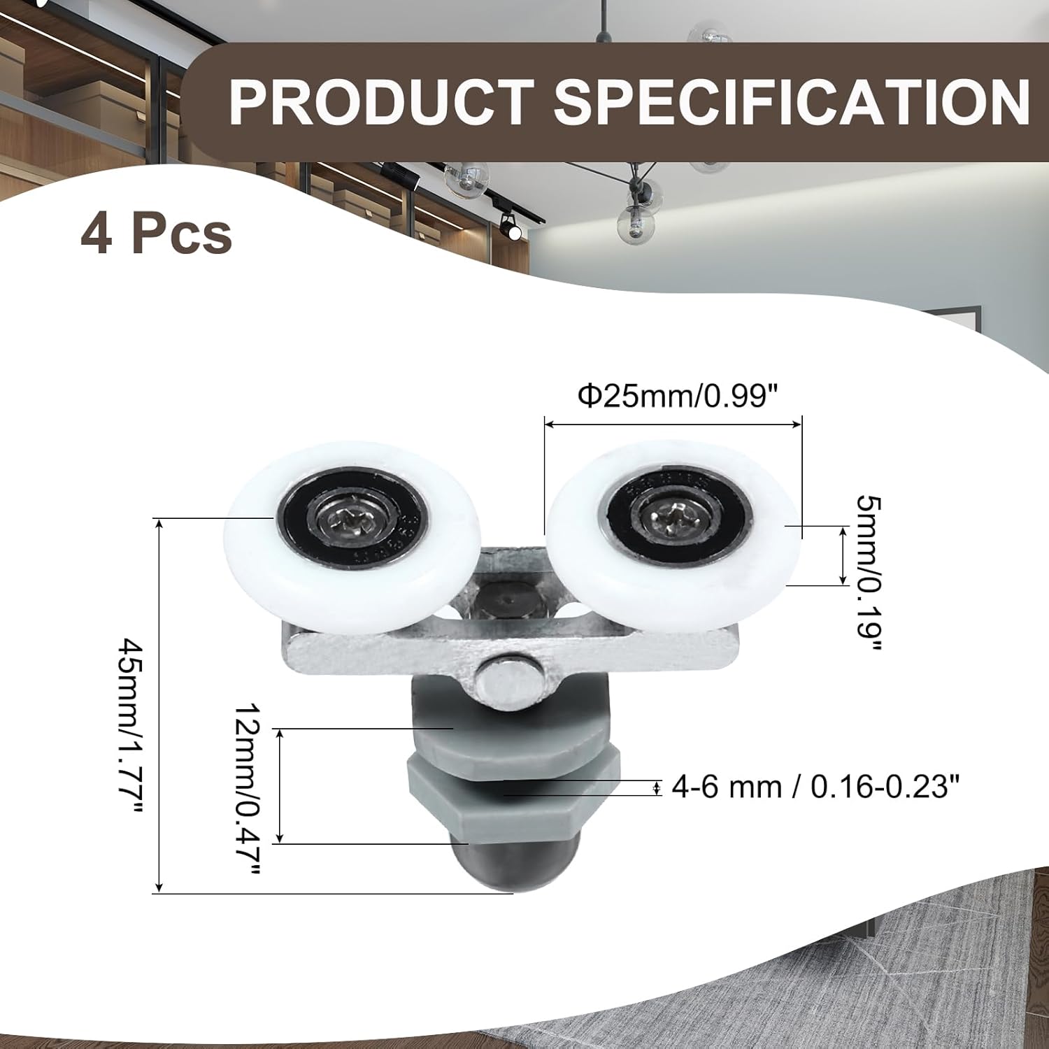 MECCANIXITY Shower Door Rollers Wheels, 25mm Diameter Bathroom Glass Shower Door Replacement Parts Runner Sliding Roller for Bathroom Glass Doors Kitchen Drawers, (Grey, Pack of 4)