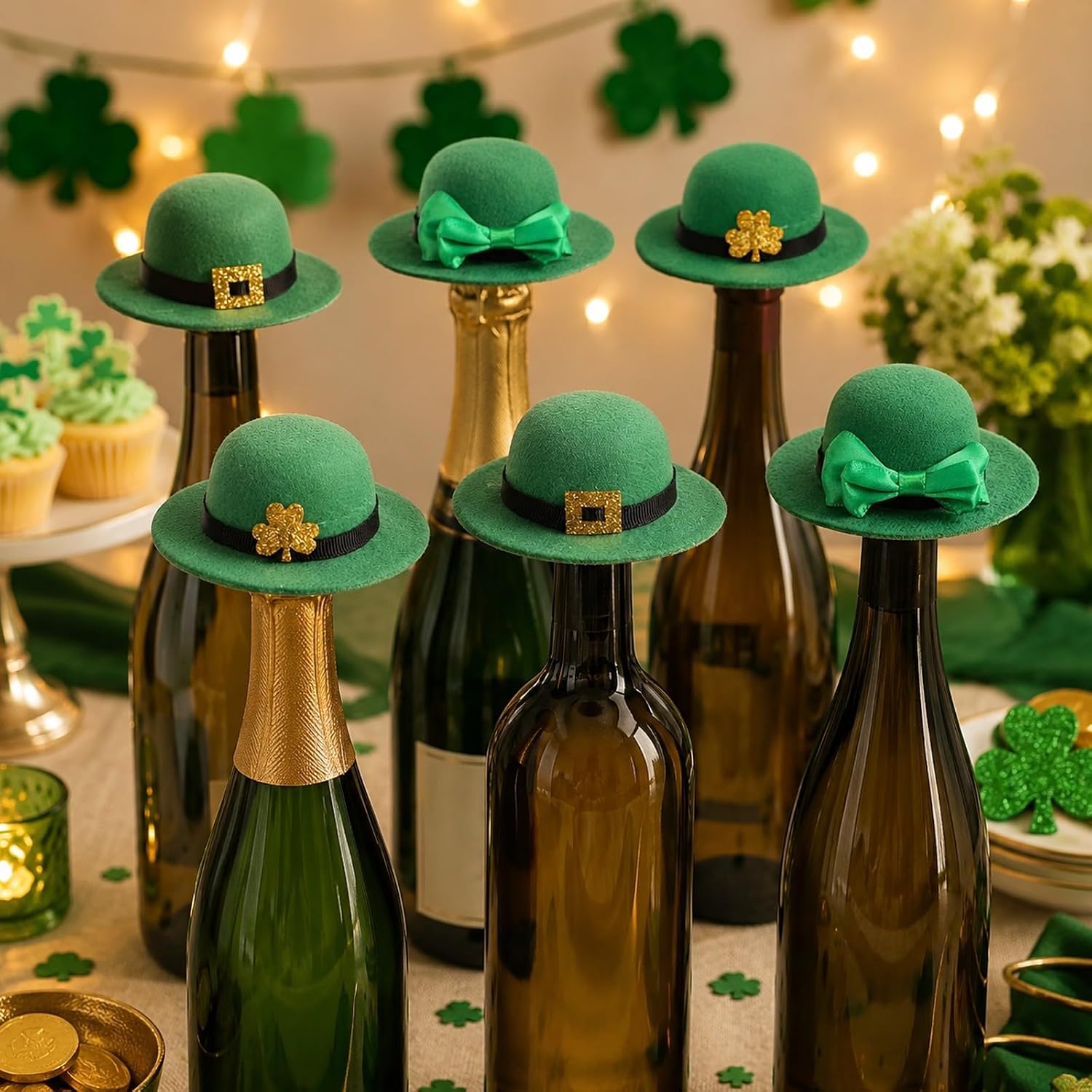 LUOZZY 9 Pcs St Patricks Day Wine Bottle Covers Irish Mini Top Hats for Wine Bottle Topper Irish Party Decorations Supplies