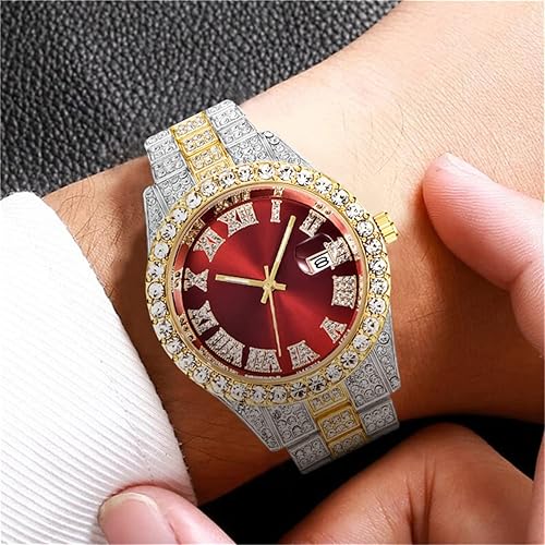 Miniatura 2 de CdyBox Reloj de hip hop para hombre con calendario de escala romana con diamantes de imitación, reloj de pulsera de acero inoxidable