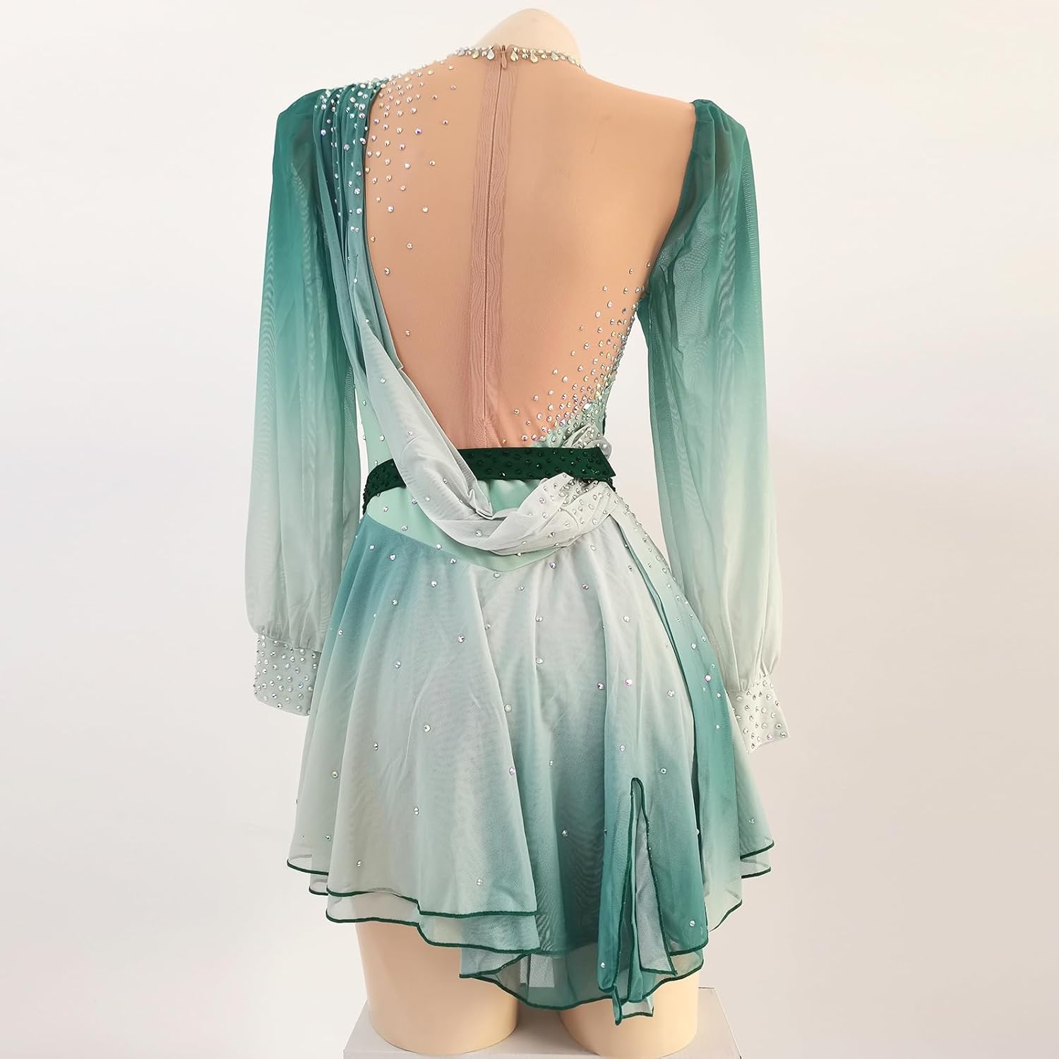 LIUHUO Ice Skating Dress Girls' Elegant Green Handmade Diamond Long Sleeves Competition Danceplace