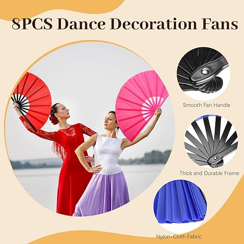 Miniatura 5 de Juego de 8 abanicos plegables grandes para baile de línea y estallido, ventiladores de mano con mangas de abanico, ventilador chino de Kung Fu para