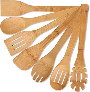 7 Pcs Wooden Spoons for Cooking, Natural Bamboo Utensil Set for Nonstick Pans & Cookware, Non Toxic, Easy Clean, Lightweight & Heat Resistant