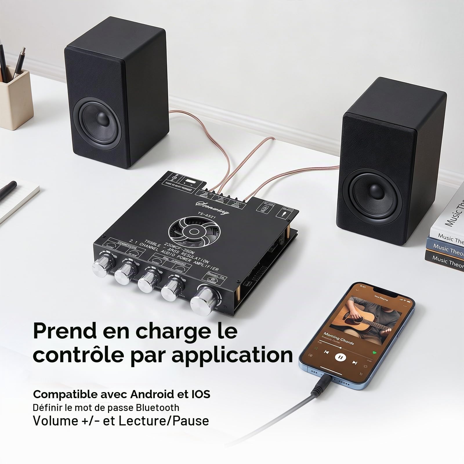YS-AS21 Amplificateur HiFi avec Bluetooth Mini amplificateur Audio stéréo 2.1 canaux 220 W x 2 + 350 W Mini Module amplificateur stéréo TPA3255 Puce avec TB, USB, AUX, DC 18-38 V pour Haut-parleurs