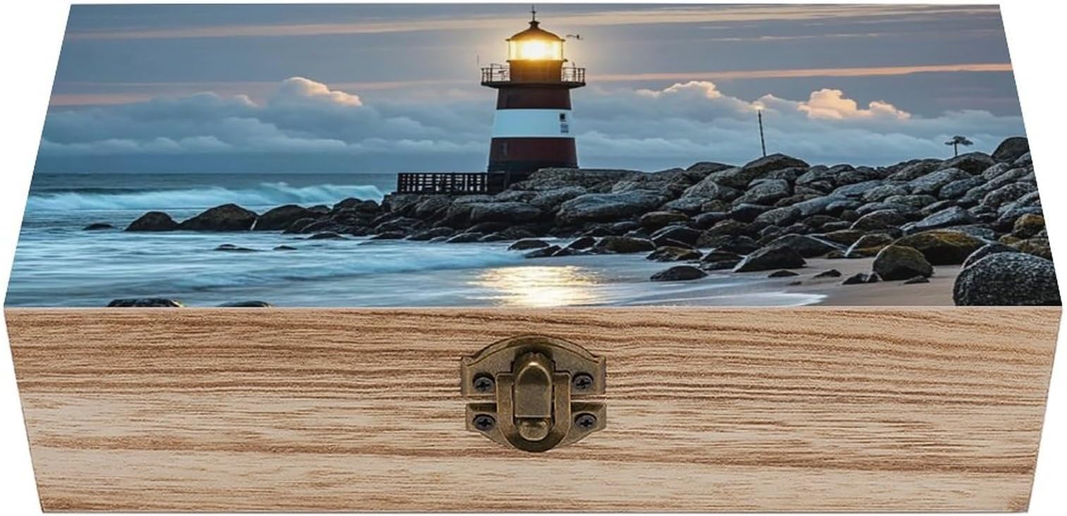 Decorative Wooden Box with Hinged Lid And Front Clasp Sea Lighthouse Printed Wooden Storage Bins Vintage Jewelry Box Office Desk Organizer Keepsake Box Gift Box