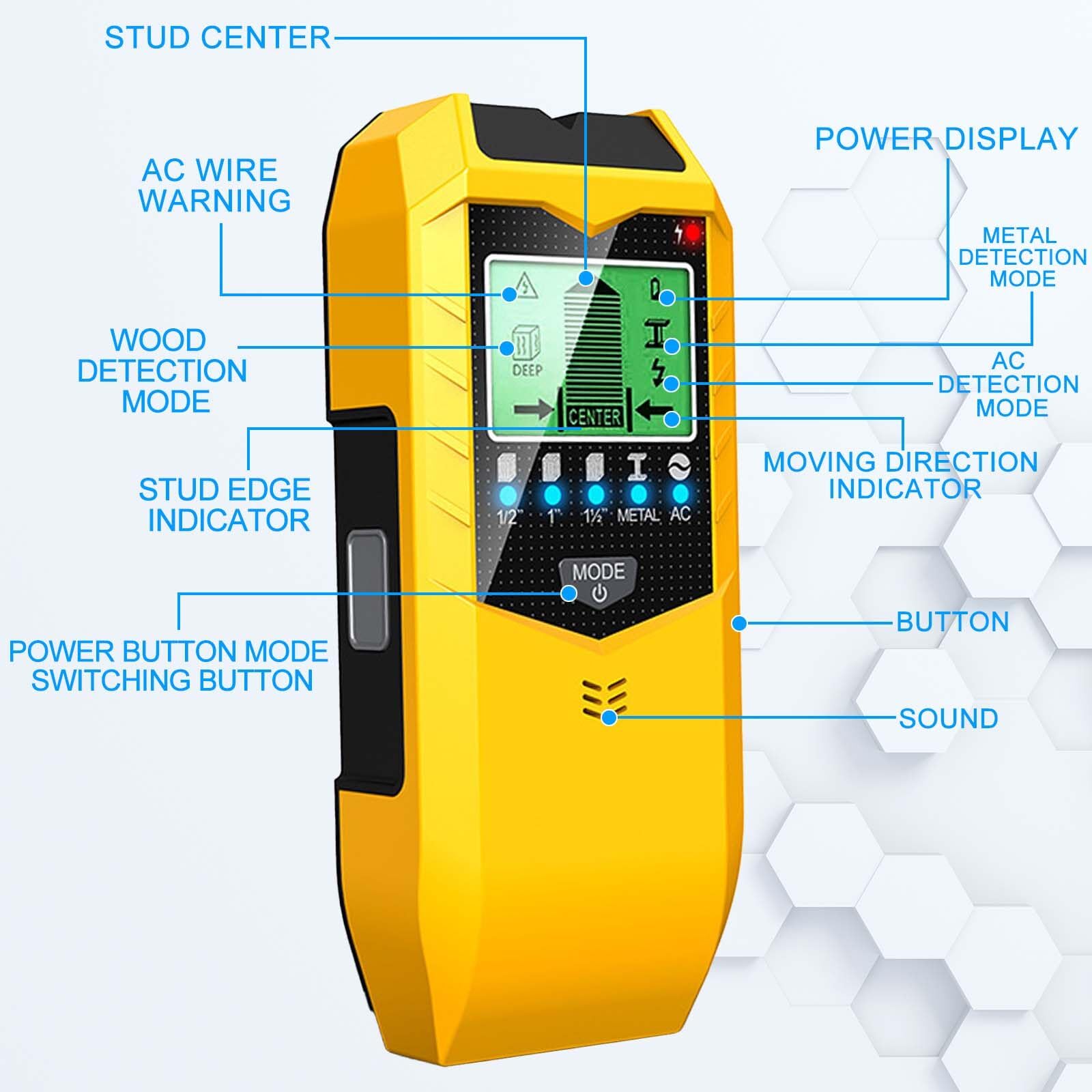 Détecteur de fils 5 en 1 - Scanner mural - Avec écran LCD et alarme sonore - Pour trouver des lignes électriques, des poutres en bois, des tuyaux métalliques, etc. - Jaune