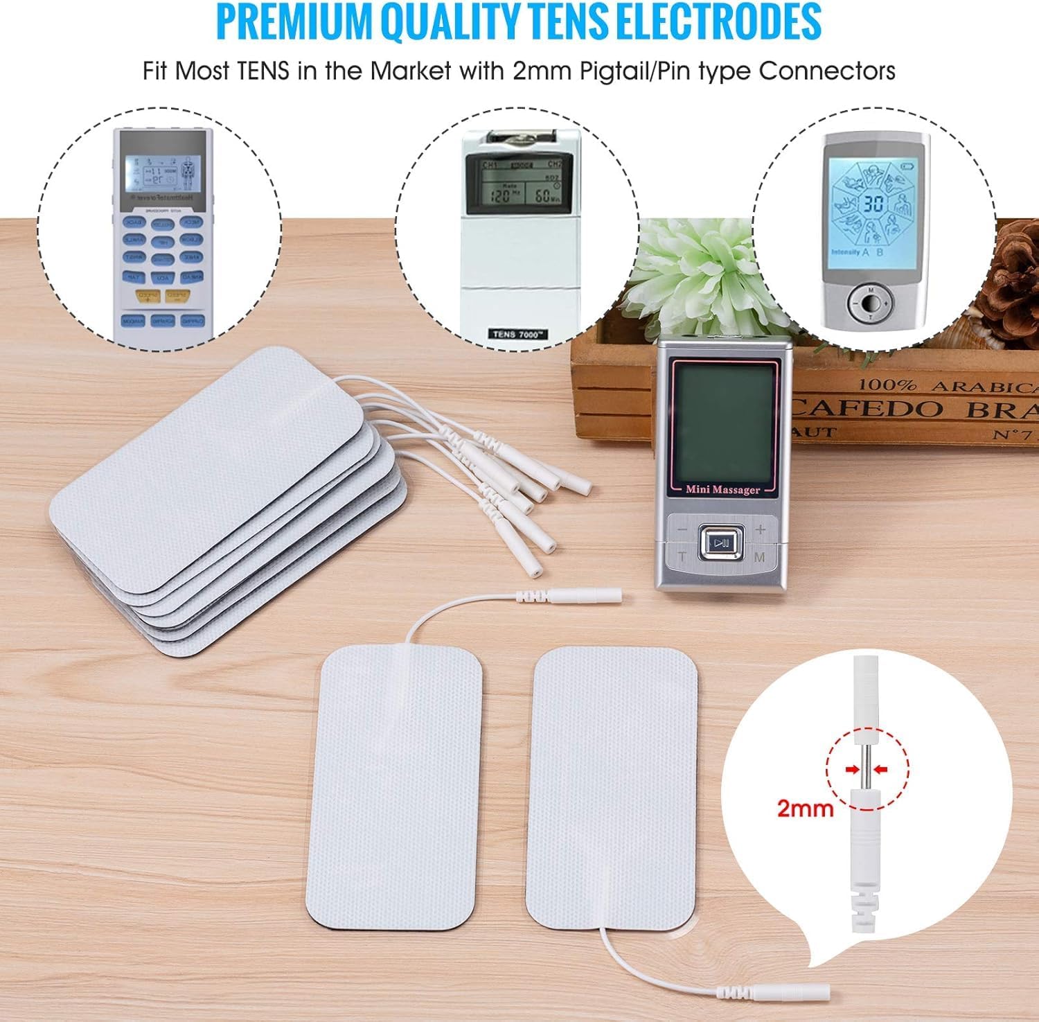 TENS Unit Electrode Pads, 10PCS 2"x 3.5" Large TENS Self-Adhesive Electrodes Pads Replacement with Plug 2.0mm for TENS Machine Massager, Reusable and Latex-Free