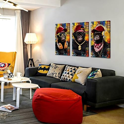 Miniatura 4 de Biuteawal Arte de pared de mono, divertido y genial gorila de animales, impresiones en lienzo con gafas de música, pintura de chimpancé, enmarcado,
