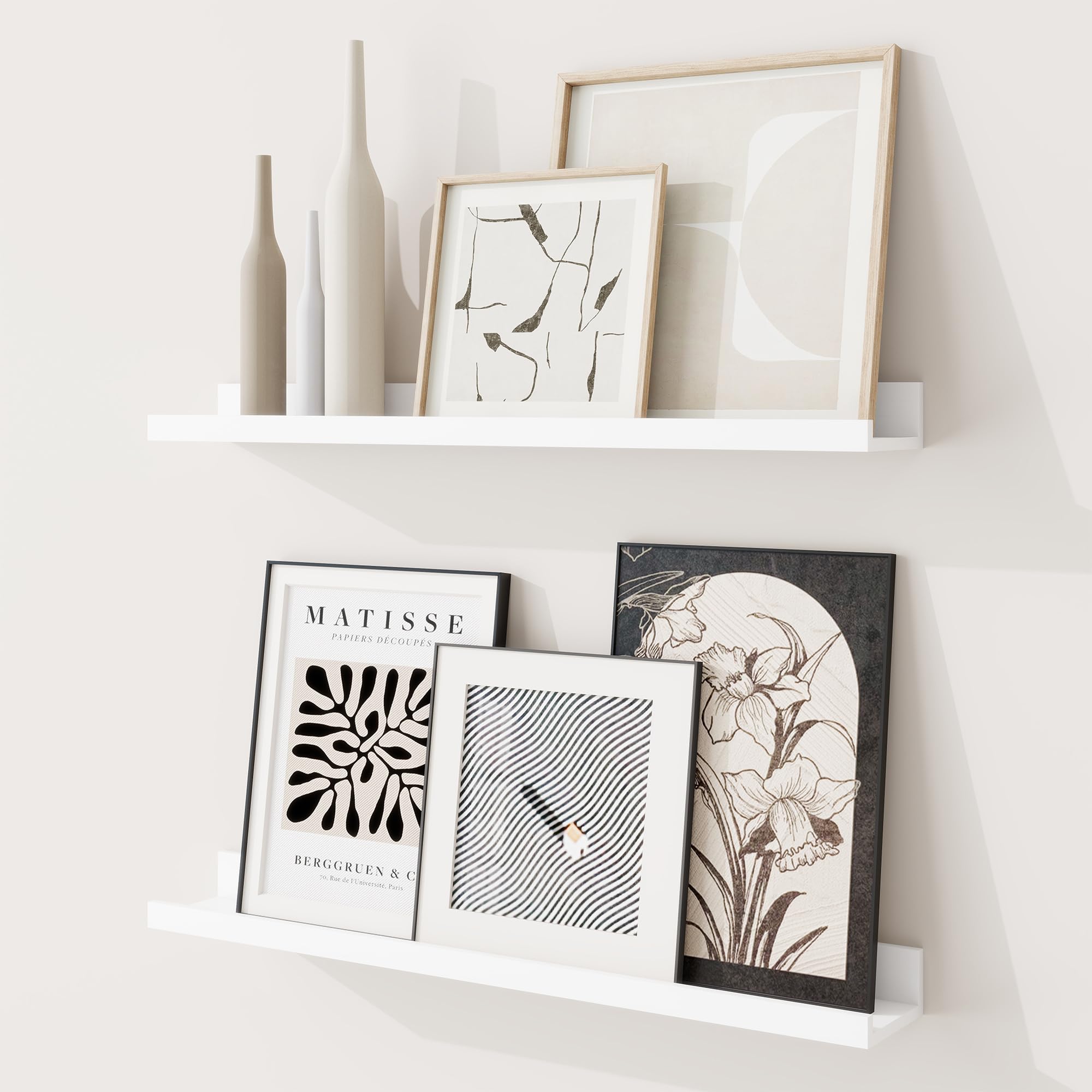 RICHFOCUS Picture Ledge Shelf, 24 inch Floating Shelves Set of 2, Wood Wall Shelves with Lip, Wall Decor Storage for Bedroom Living Room Bathroom