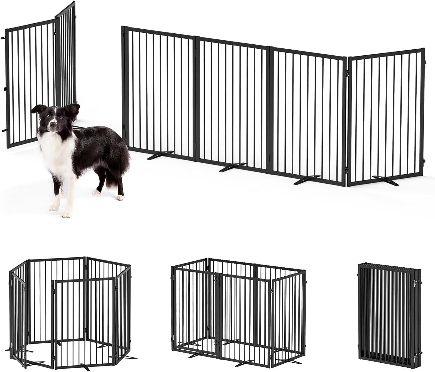Free Standing Dog Gate with Door 6 Panels for Outdoor&Indoor, Full Metal Dog Fences 144'' Extra Wide 35'' Tall Pet Gate for Doorways Extra Wide&Portable