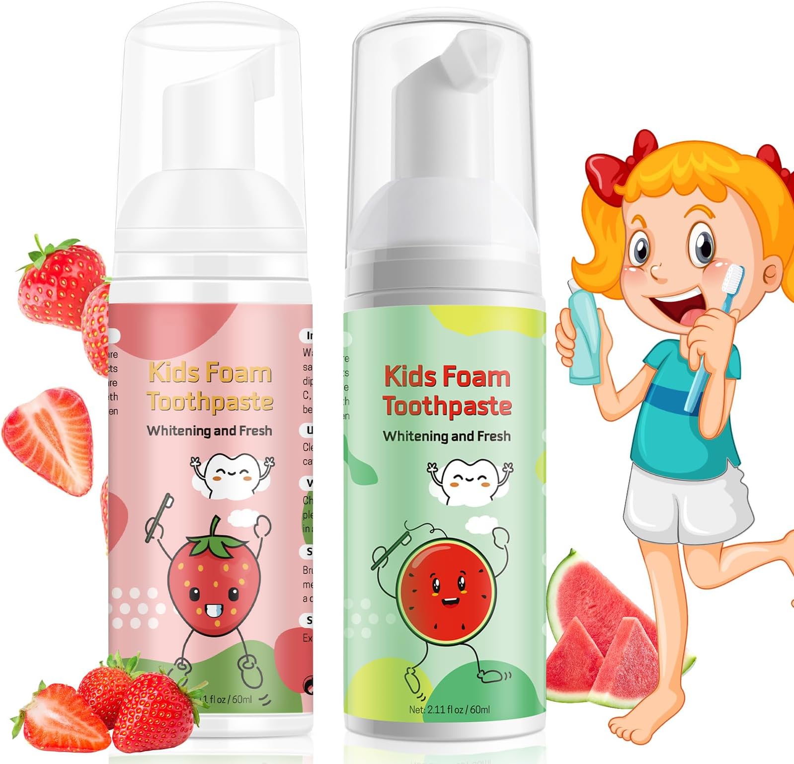 Foam Toothpaste Kids, Toddler Toothpaste with Low Fluoride, Kids Toothpaste for U Shaped & Electric Toothbrush, Foam Toothpaste for Children Ages 3 Plus (2PCS, Watermelon+Strawberry)