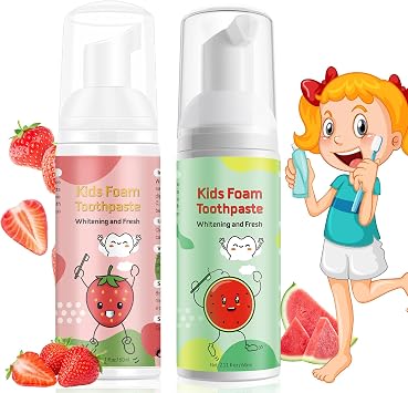 Foam Toothpaste Kids, Toddler Toothpaste with Low Fluoride, Kids Toothpaste, Foam Toothpaste for Children Ages 3 Plus 2PCS, Watermelon+Strawberry