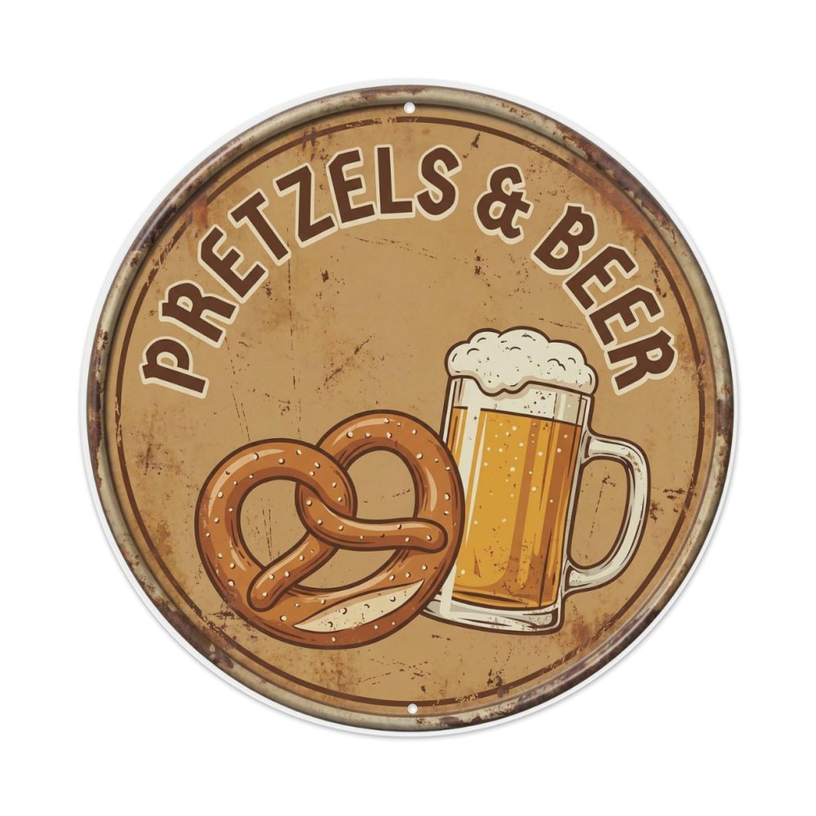 Retro Bar Pretzels Salty Patio Beer Metal Tin Sign Plaque Wall Decor for Cafe, Club Bar, Office, Home Garden Round Metal Poster 8x8Inch