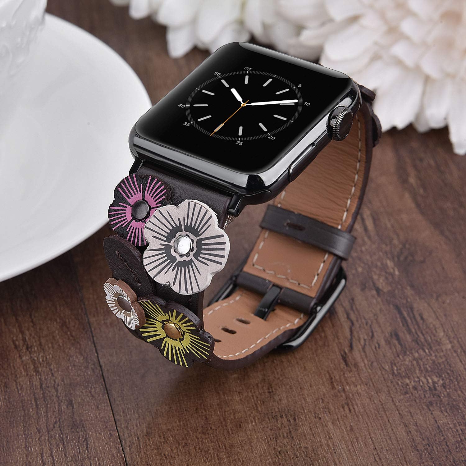 V-MORO Flowers Leather Bands Compatible with Apple Watch Bands 41mm 38mm 40mm Series SE 7/6/5/4/3/2/1 Women with Stainless Steel Buckle Black, iWatch Replacement Bands Strap Wristbands (Gray, 38/40/41mm)