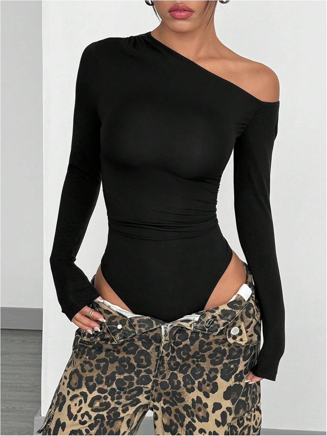 GORGLITTER Women's Long Sleeve One Shoulder Top Bodysuit Asymmetrical Neck Casual Slim Fit Tshirt Leotard Tops