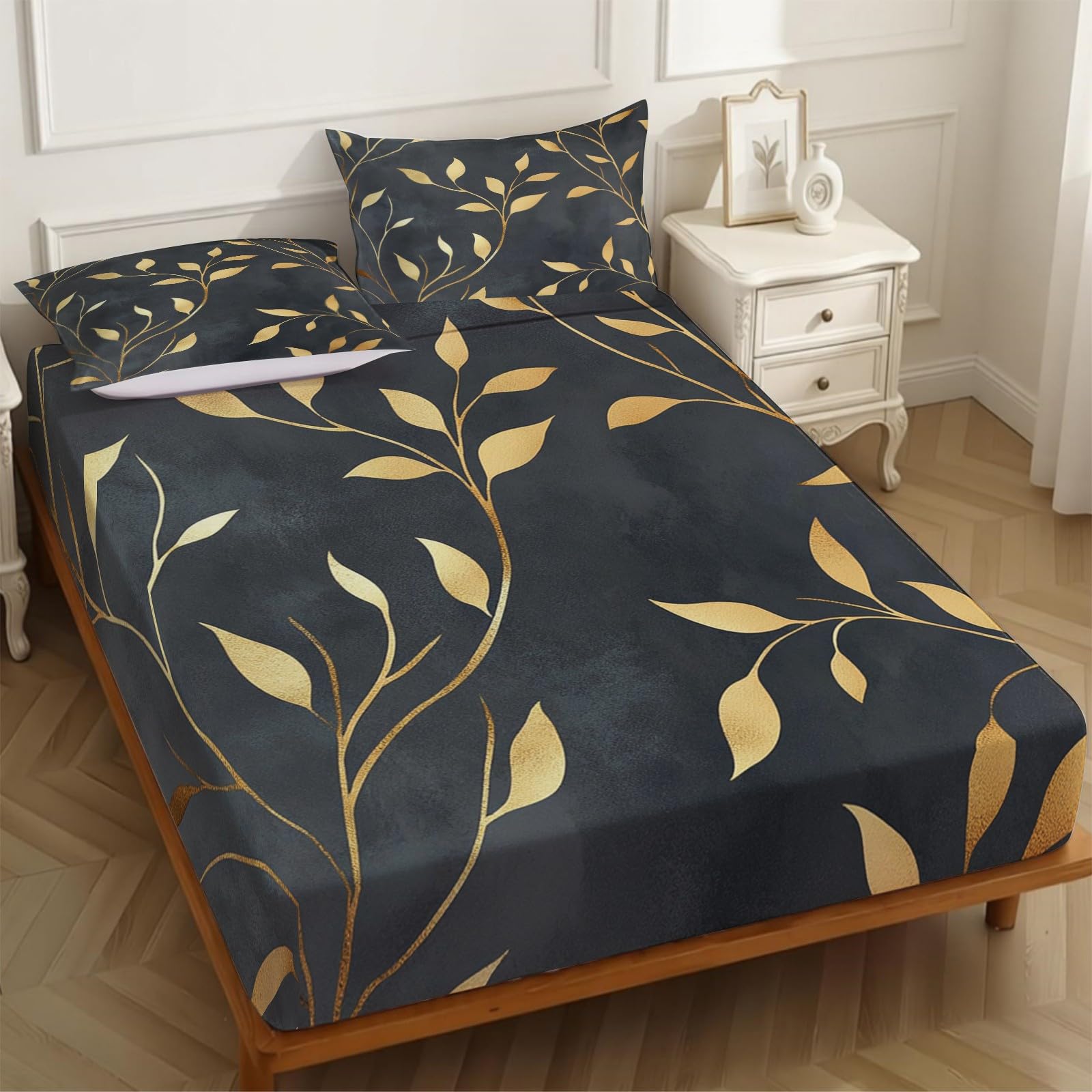 Lenzuolo con Angoli 180 x 200 cm Microfibra foglie della pianta Lenzuolo Sotto Elasticizzato Profondo 25 cm oro per Letto Singolo e Matrimoniale