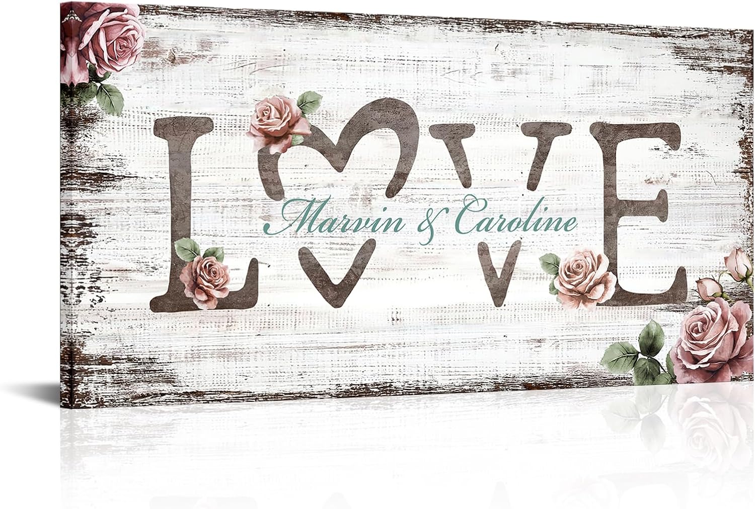 iLOOKLiKE Personalized Love Sign with Couple's Names Wall Art Custom Romantic Pink Rose and Name Canvas Prints Home Decor Anniversary Wedding Valentine's Day Gifts for Him Her