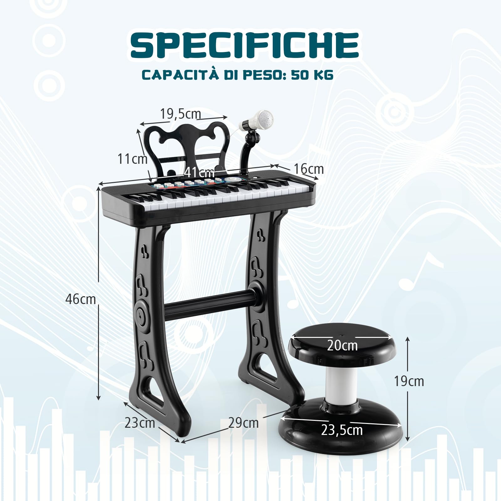 RELAX4LIFE Pianoforte per Bambini con 37 Tasti, Tastiera Musicale con Microfono, Leggio e Sgabello, Funzioni di Record e Playback, Regalo di Natale/Compleanno (Nero)
