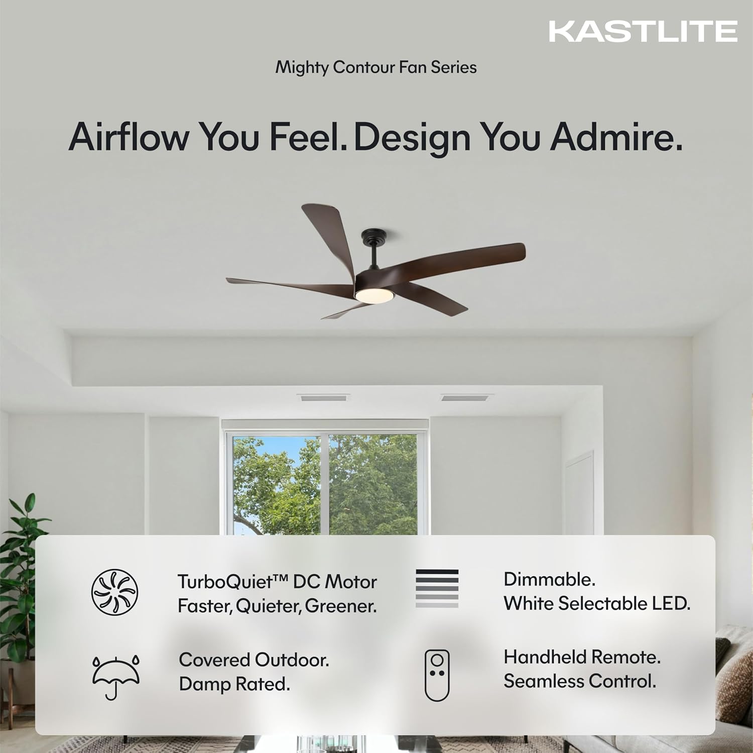 KASTLITE 60" Matte Black Ceiling Fan with Light & Remote Control | 6CCT Dimmable LED, Quiet Walnut Blades, DC Motor | Downrod Mount Cooling & Lighting for Bedroom Living Room & Patio | Mighty Contour