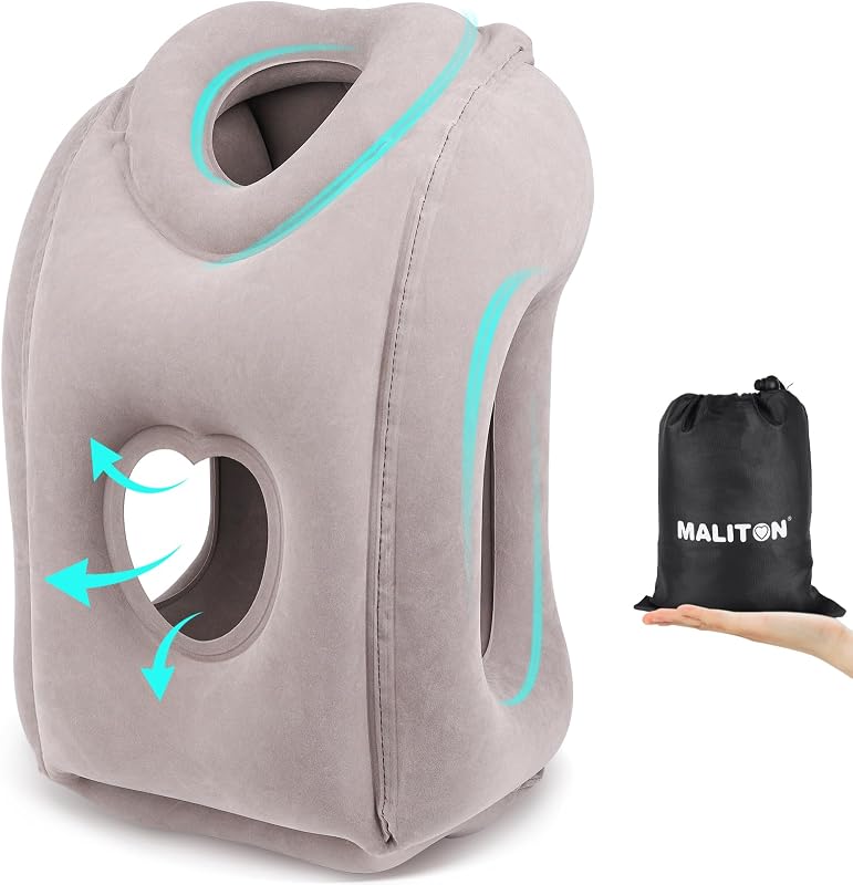 Inflatable Travel Pillow for Airplane Comfortable Sleeping, (Grey) | Relieve Neck & Shoulder Pain, Support Head Inflatable Pillow for Long Flights,Used for Airplanes, Cars, Trains, Office