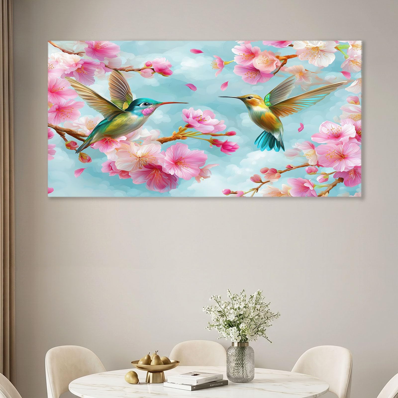 Sztuka ścienna na płótnie do salonu, sypialni, biura, kuchni, 120 x 60 cm, plakat akwarelowy, druk na płótnie, obraz, zielony, kwiatowy gałąź, koliber, grafika, dekoracja domu, obrazy