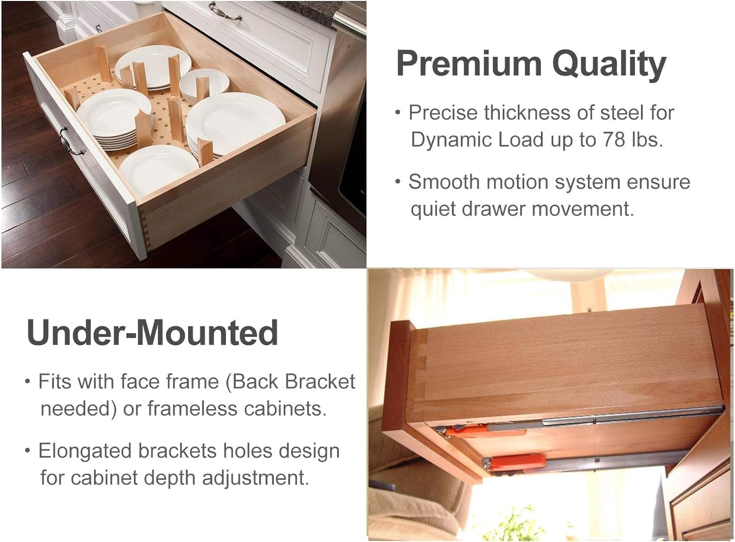 6 Pair 15 Inch Ball Bearing Full Extension Soft Close Undermount Drawer Slides, Bottom Mount Slow Self Closing Cabinet Metal Drawer Rails with Runner, Locking Device, Back Bracket and Screws