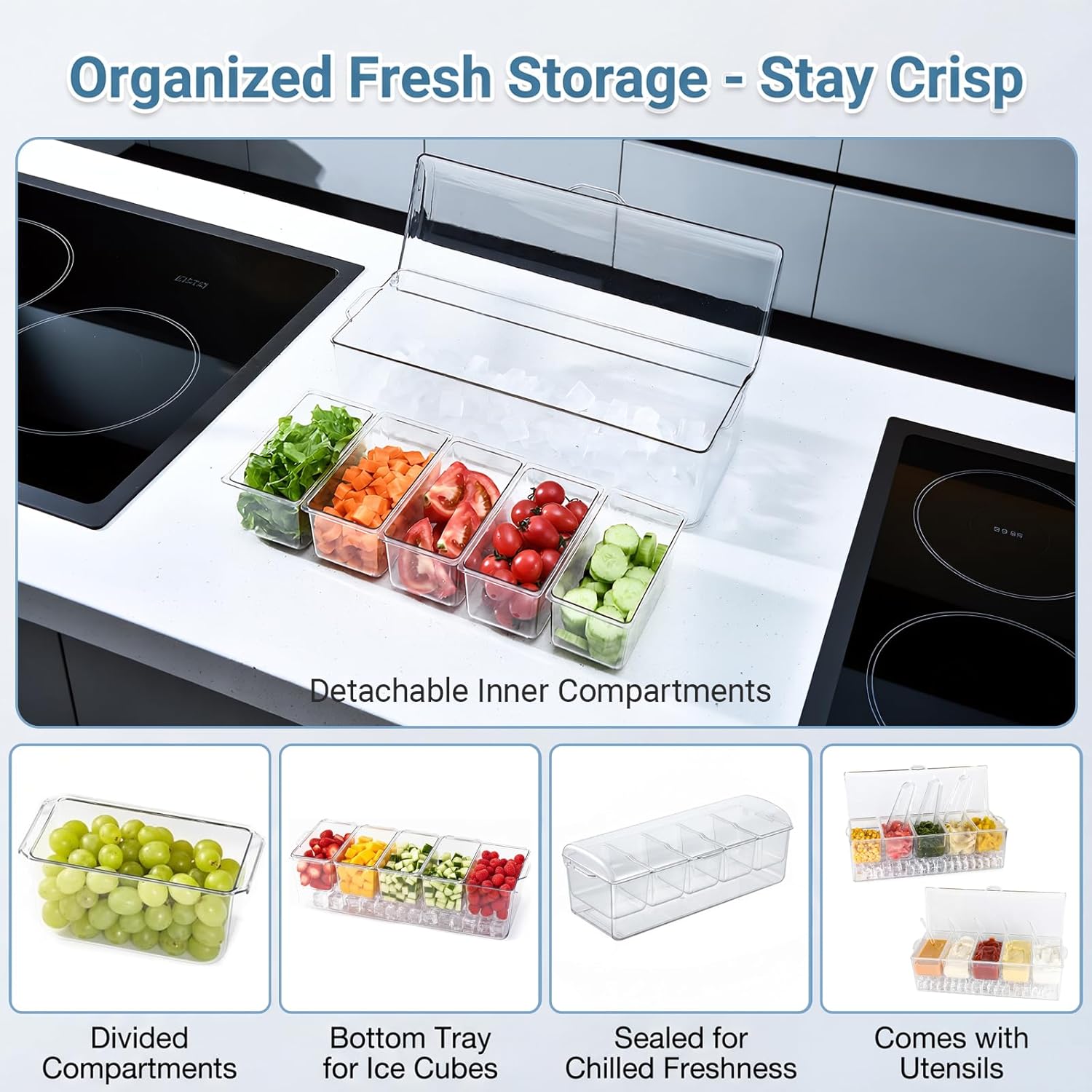 Ice Chilled Condiment Caddy with Lid - 5 Removable Compartments, Serving Containers for Fruit, Caddy, Snack, Sauce, Clear Garnish Tray for Parties and Restaurants (1 Pack) - Image 3