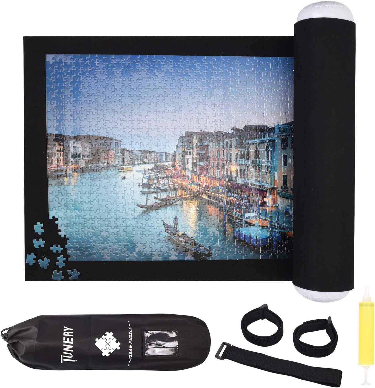 Puzzle Roll Up Mat, Tunery Puzzle Storage, Jigsaw Puzzle Mat Rollup to 1500Piece Inflatable Tube, 3 Elastic Fasteners, Mini Pump, 46" X 24" Felt Mat, with Drawstring Storage Bag