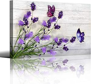Purple Flowers Picture Canvas Prints Wall Art for Living Room Wall Decor,Flowers are on a Wooden Ready To Hang Background Modern Bathroom and Bedroom for Wall Art Decoration Artwork Stretched