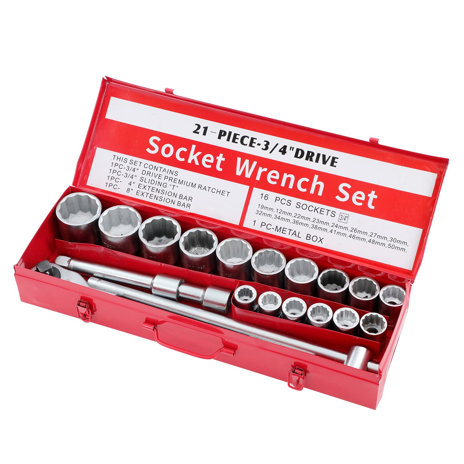 KATSU Set di Chiavi a Bussola 3/4" 21 Pezzi, 19-50mm Metrico a 12 Punte con Chiave a Cricchetto a 24 Denti in Custodia d'Acciaio, Attrezzi Meccanici Riparazione Automatica (Budget)